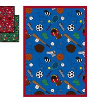 A blue rug displaying sports related equipment