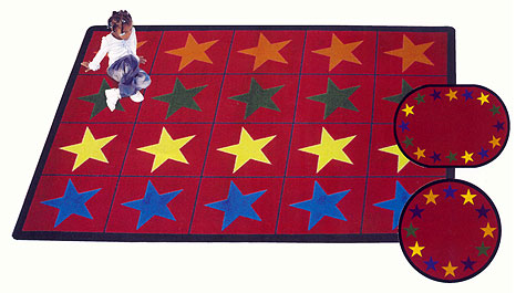 A colorful red rug with individual spaces for child arrangement and a brightly colored star in each space. (Blue option rug also available) 