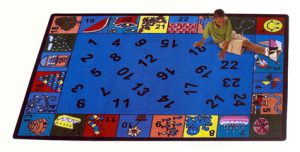 A child sitting on an educational kids rug with numbers in the middle and matching colorful objects around the edge of the rug.