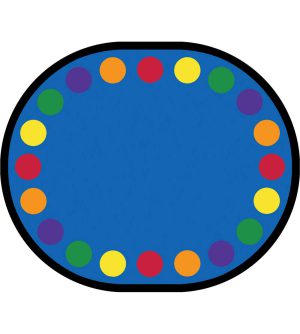 An oval classroom rug with circles for seating kids around the edge.