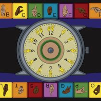 An educational kids rug with sign language numbers, sign language alphabet, and sign language clock.