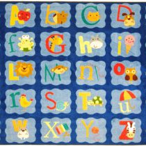 A baby rug with alphabet and animals in different spaces.