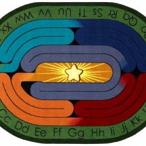 A child rug with alphabet in upper and lower case around the edge and a maze in the center