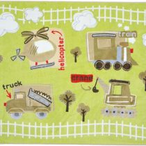 A baby rug with big machines and railroad track