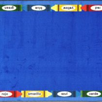 A blue educational child rug with crayons and bilingual colors