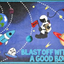 A space theme kids rug that says Blast off with a good book.