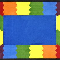 A blue kids rug with different colors around the edge