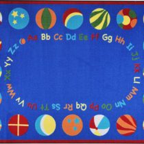 A blue alphabet rug with multi-colored balls around the edge. Alphabet is upper and lower case.