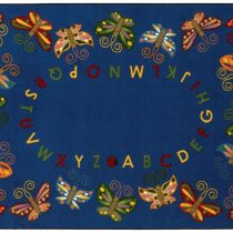 A navy blue alphabet rug with butterfly's