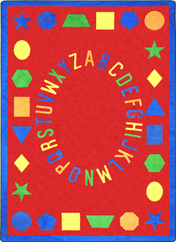 FIRST LESSONS RUG 4 A red educational kids rug with the alphabet and shapes