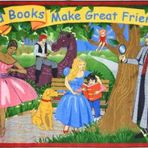 A children's rug with novel characters in a park. The rug says Good books make great friends.