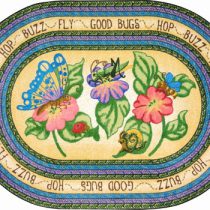 An oval children's rug with flowers and bugs