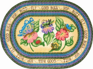 An oval children's rug with flowers and bugs
