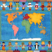 A classroom rug with children of all cultures holding hands around the world.
