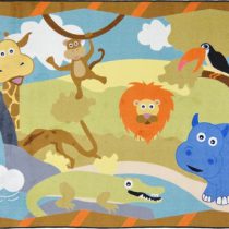 A baby rug with a whimsical jungle animals and a waterfall.