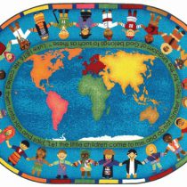 An oval classroom rug with children of many cultures holding hands around the world.