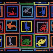 A sports theme rug that displays boxes that has a different sports player in each box.