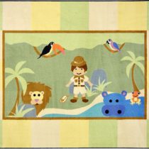 A baby rug with a whimsical explorer boy, lion, hippo and birds.