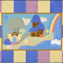 A baby rug with a whimsical fairy, house, waterfall and rainbow.