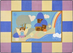A baby rug with a whimsical fairy, house, waterfall and rainbow.