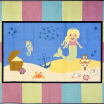 A baby rug with a whimsical mermaid, seahorse and sandcastle.