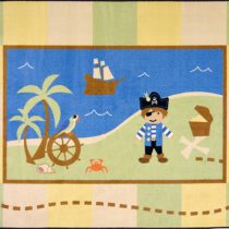 A baby rug with a whimsical pirate, ship and bird.