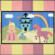 A baby rug with a whimsical princess, unicorn and castle.