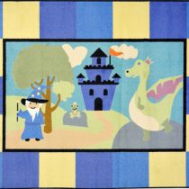 A baby rug with a whimsical wizard, dragon and castle.