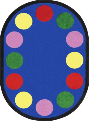 An oval classroom rug with circles for seating children