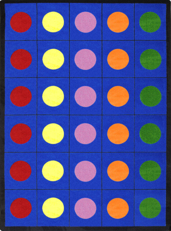 A rug with large multi colored dots to show child placement. Red, Yellow, Purple, orange and green.