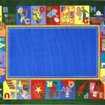 A childrens rug with alphabet numbers and images around the edge.