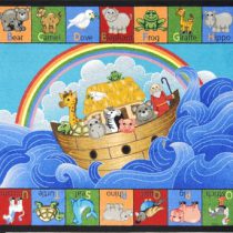 A kids rug with noah's ark and different animals. The alphabet is displayed around the edge as well with coinciding animals in respect to the letter. A for Alligator, B for Bear and so on.