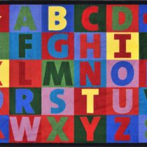 A multi-colored educational kids rug with the upper case alphabet.