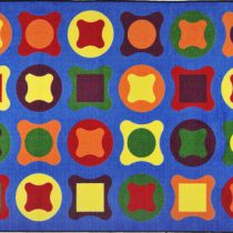 An early learning seating rug with different shapes displayed on the rug.