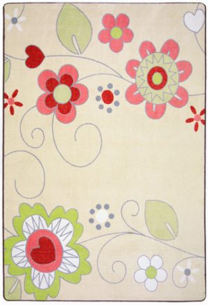 A pretty beige kids rug with warm flowers.