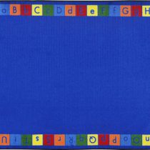 A blue child rug with alphabet in upper and lower case around the edge