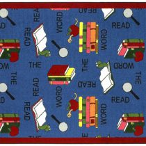 A blue kids rug with books.
