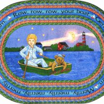 An oval kids rug with a boy and teddy bear on a row boat with a nursery rhyme around the edge of the rug.