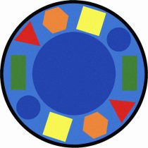 A classroom seating rug with fun shapes in different colors around the edge of the rug.