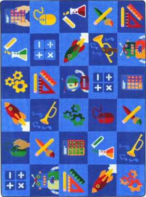 A blue children's rug with squares and fun images