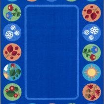 A classroom seating rug with circles around the edge for seating kids.