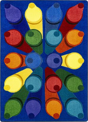 A classroom seating rug with different colored crayons.