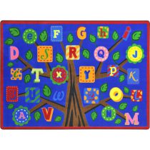 An educational kids rug with a tree and alphabet leaves.