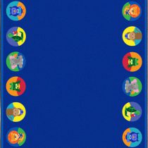 A classroom seating rug with animals inside circles around the edge of the rug.