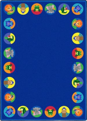 A classroom seating rug with animals inside circles around the edge of the rug.