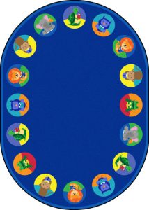 An oval classroom seating rug with animals inside circles around the edge of the rug.