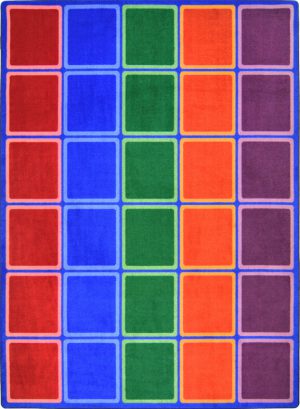 A classroom seating rug with rows of squares and colors. Each row has a different color. Red, Blue, Green, Orange and Purple