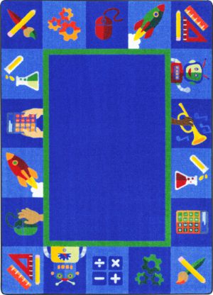 A blue children's rug with squares and fun images
