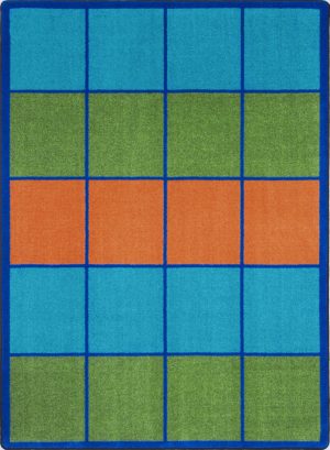 A classroom rug with rows of individual blue, green, and orange seating squares