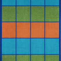 A classroom seating rug with rows of individual blue, green, and orange seating squares